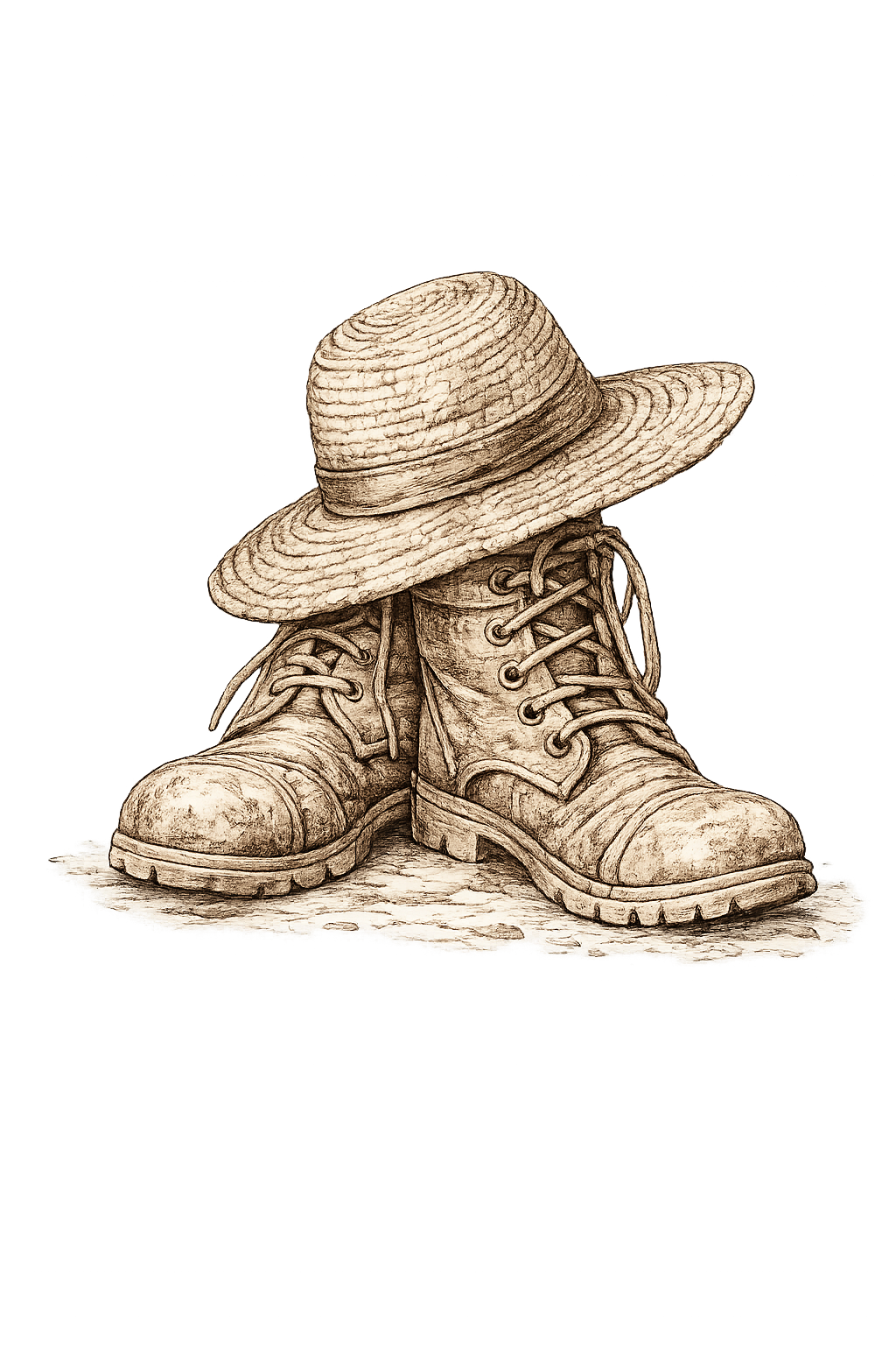 Rustic farm boots with straw hat sketch illustration